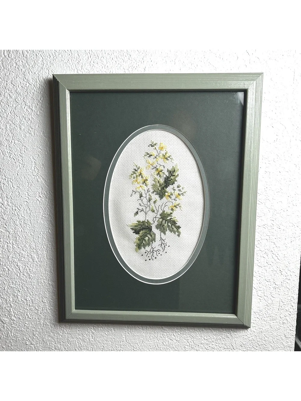 Vintage Framed Botanical Cross-Stitch with Green Frame